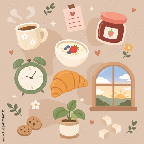 Cozy morning lifestyle and objects illustration with breakfast and sunrise