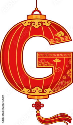 Red Chinese lantern shaped letter G with tassel, flat vector illustration