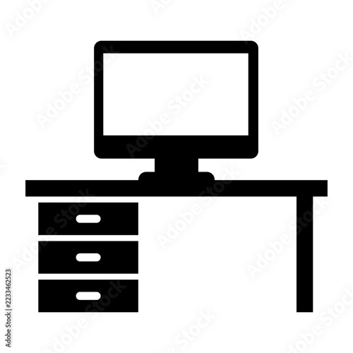 Minimalist black icon of a desk with a computer monitor and drawers representing a modern workspace setup for professional office and business productivity