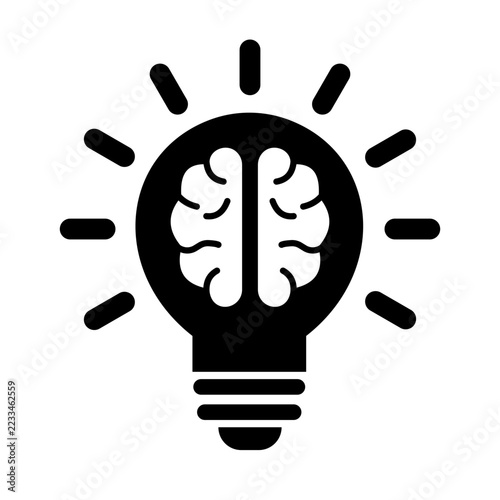 Innovation and intelligence icon featuring a brain inside a shining lightbulb symbolizing a creative concept for strategic brainstorming and logic