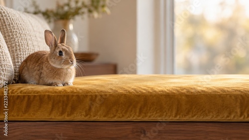 Cute Rabbit Resting in a Sunlit Minimalist Room with Indoor Plant