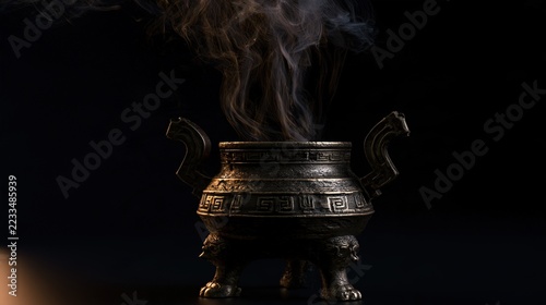 burner. Ancient bronze incense burner emitting smoke trails. event programs, museum guides, cultural reports, designed for cultural heritage projects and event programs, used by PR specialists.