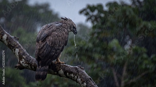 Rain Soaked Harpy Eagle Hunched on Branch During Tropical Downpour