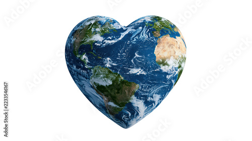 Planet Earth shaped like a heart with oceans and continents visible, isolated on a transparent background