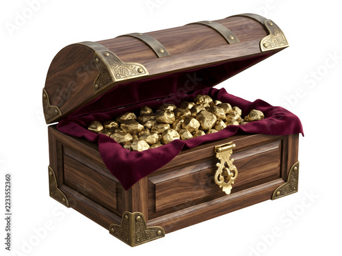 Wooden treasure chest filled with gold nuggets and lined with velvet isolated on transparent background