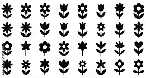 Floral icon set showing simple black flower and tulip silhouettes for nature themed web design