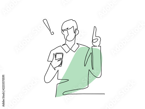 一筆書きのスマホを見て思いついたシニア男性のイラスト