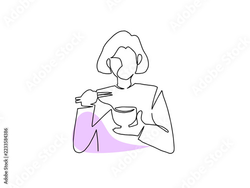 一筆書きのご飯を食べるシニア女性のイラスト