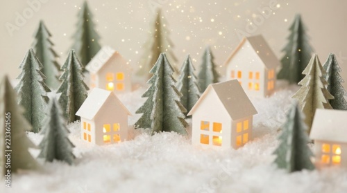 Miniature illuminated houses surrounded by snow-covered evergreen trees in winter village scene