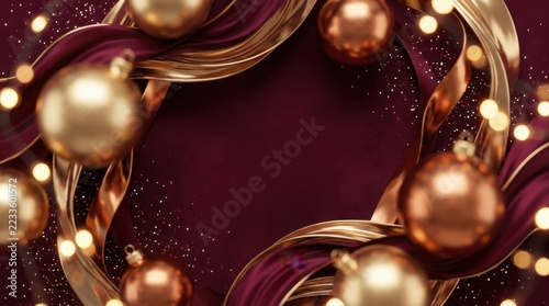 Glossy gold baubles and burgundy ribbon festive garland on dark background