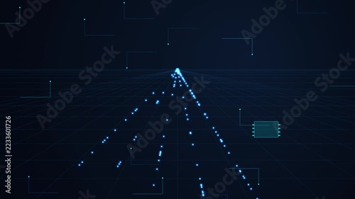 Digital data stream abstract background, futuristic cyber network tunnel with glowing particles and hud interface