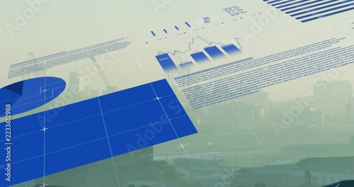 Displaying clear data overlay covering urban port skyline, with blue grid, pie, bar, line charts