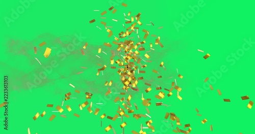 Swirling metallic gold rectangular confetti rising on green chroma-key backdrop, with gray smoke