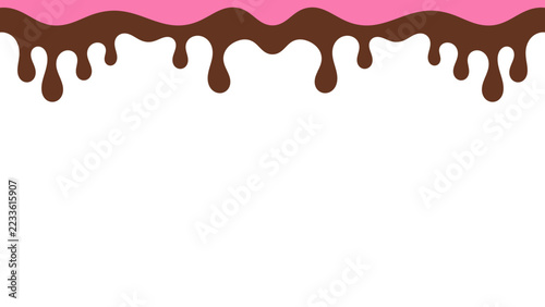 Sweet melting chocolate and pink strawberry icing glaze background. Melted syrup or dripping liquid sauce. Minimalist sweet chocolate and strawberry pink background. Minimalist wavy background.