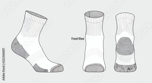 White Athletic Crew Socks Technical Flat Illustration for Apparel Fashion Design with Reinforced Heel and Toe Details