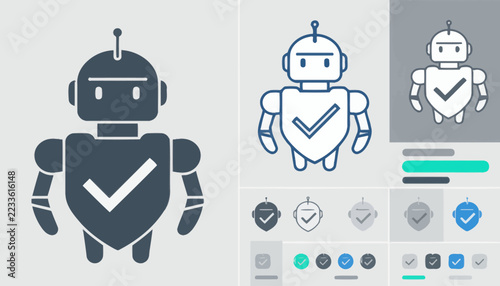 Secure AI assistant robot icon set featuring a friendly bot with a protective shield and checkmark, symbolizing safety, reliability, and technological defense against threats