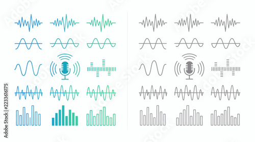 Collection of digital audio waveforms, voice recording sound waves, and frequency signal icons for music production