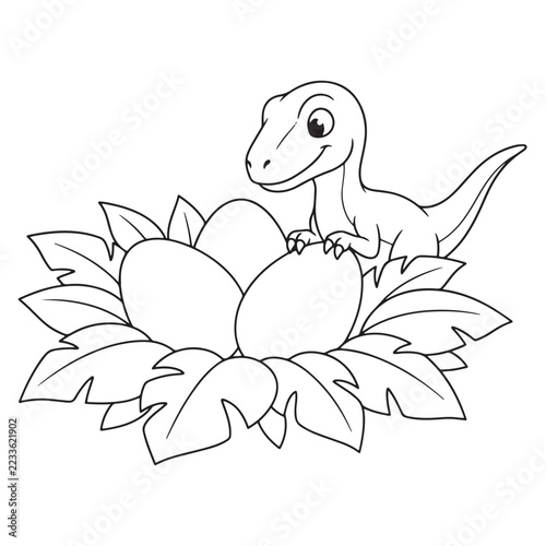 Happy baby raptor sitting on eggs in nest for kids' coloring and nursery decor.