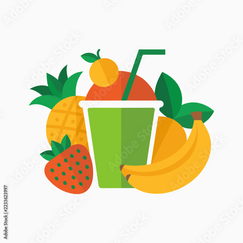 Illustration of a fruit smoothie with pineapple strawberry banana and orange, ideal for cafe menus and advertisements, featuring ample copy space, perfect for healthy drinks, nutrition, and tropical