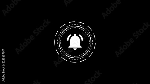 Ringing bell icon animation with glowing circular dash lines HUD interface on black background.