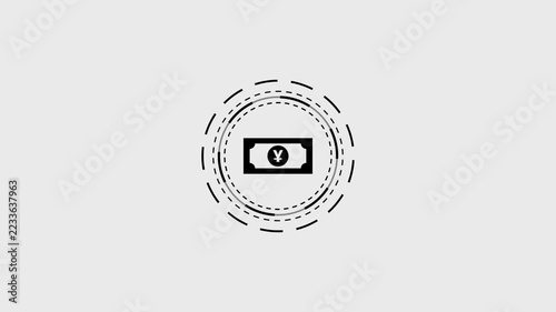 Japanese yen currency banknote symbol inside rotating dotted circles over grey background.