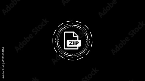 Zip file icon with futuristic digital circle animation on black background seamless loop.