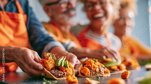 Three friends make plant-based tacos, laughing and enjoying the process. Warm tortillas are filled with beans, roasted vegetables, and avocado, capturing a lively kitchen moment.