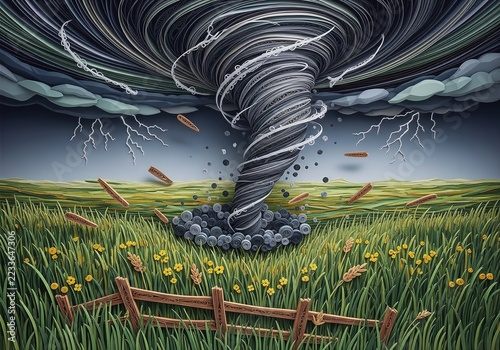 Paper quilling artwork of tornado twister spinning over grassy field during thunderstorm