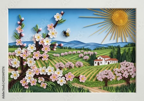 Paper quilling artwork of blooming branch with bee over sunny rural landscape in spring