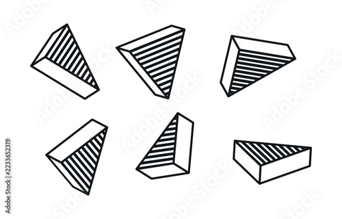 Set of volumetric triangular prisms with striped line textures in pop art style on a white background 