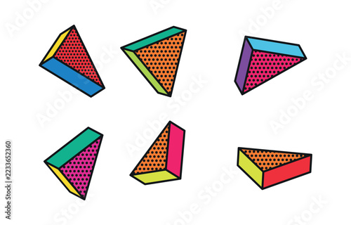 Set of vector colorful 3D prisms and triangular geometric shapes in pop art retro style with black outlines and halftone dot textures on a white background