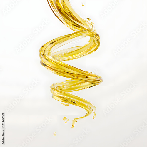 The yellow oil liquid moves in a flowing manner, creating a spiral design. The liquid appears to be in motion, with curves and twists visible against the plain white background. 3D render