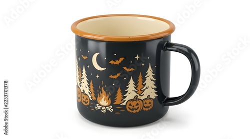 Black Enamel Halloween Camping Mug with Orange Rim and Decorative Autumn Forest Illustration