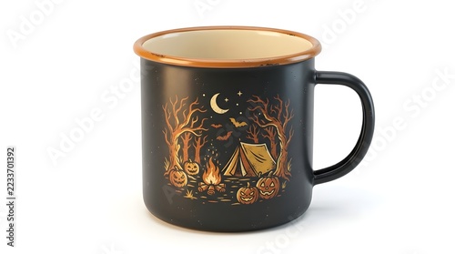 Rustic Black Outdoor Camping Mug Featuring Orange Halloween Artwork and a Contrasting Enamel Rim