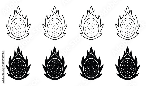 Dragon fruit cross section icons set, exotic tropical fruit halves, black and white outline and silhouette for healthy food