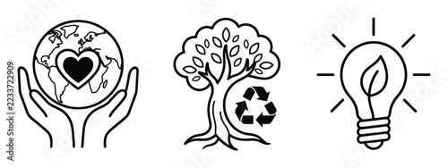 Environmental protection icons featuring a heart on a globe, a tree with a recycling symbol, and a lightbulb with a leaf for green energy