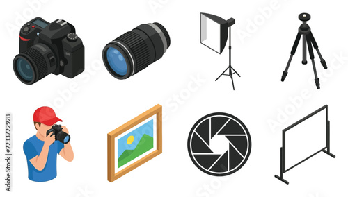 Equipment icon set featuring a dslr camera, lens, tripod, softbox lighting, photographer, frame, aperture, and display screen