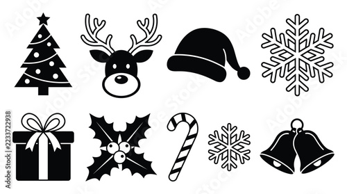 Festive christmas holiday icon set featuring a tree, reindeer, santa hat, snowflake, gift, holly, candy cane, and bells in black and white style