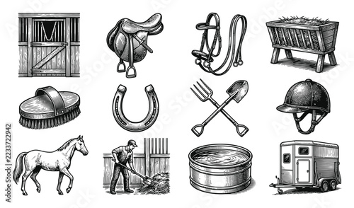 Equestrian and horse riding equipment collection featuring saddle bridle hay feeder horseshoe shovel helmet horse stable and trailer