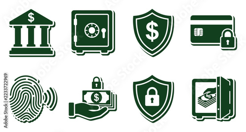Financial security and banking icons set featuring bank building, safe, dollar shield, credit card, fingerprint and cash for business protection