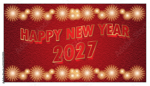 Happy new year 2027 greeting card design with golden fireworks on a textured red background.