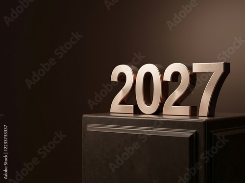 Metallic numbers 2027 on dark brown podium, studio setting, abstract background, future year, celebration, luxurious ambiance, elegant design, warm lighting, sophisticated presentation.
