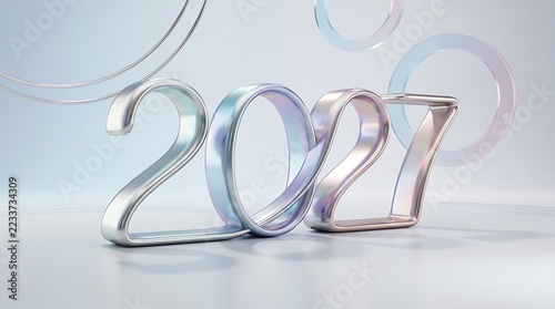 Abstract three dimensional number 2027 design with holographic metallic finish on white studio background creative digital art for future year celebration concepts.
