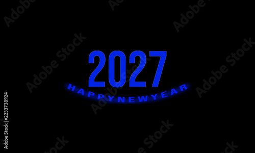 Glowing blue 2027 happy new year digital neon text typography banner design for futuristic holiday party event celebration card background