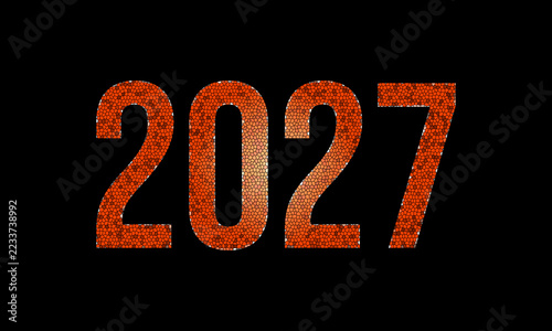 The year 2027 written in a vibrant orange stained glass mosaic pattern against a solid