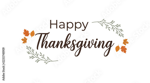 Thanksgiving typography with autumn leaf branches on both sides.