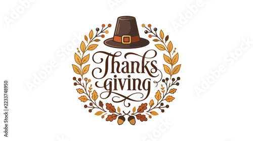 Thanksgiving vector wreath design with pilgrim hat and autumn foliage.