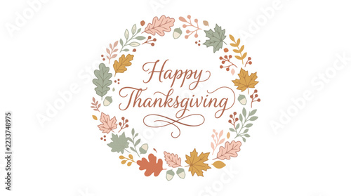 Thanksgiving wreath illustration featuring diverse colorful leaves.