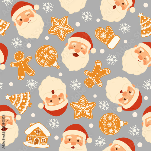 Classic grey Christmas pattern with Santa and gingerbread