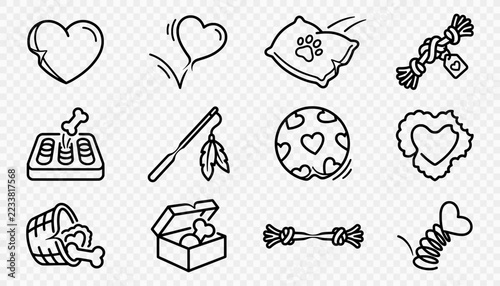 Pet Valentine toys icon set with rope tug paw pillow and heart ball